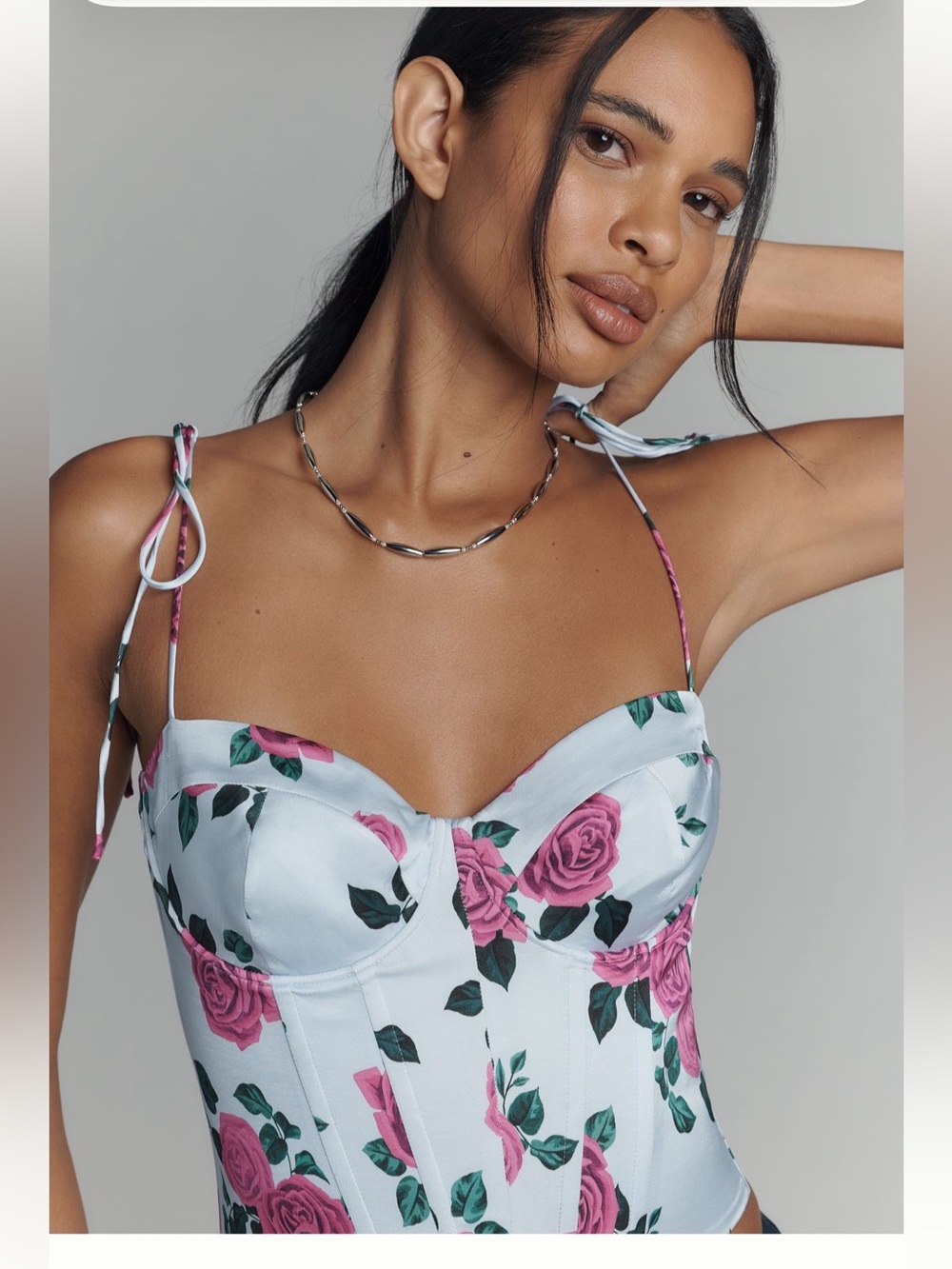 Good American Bustier Corset Top in Light Blue and Pink Roses